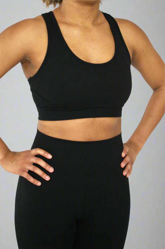 Front of black sports bra showing stitching detail