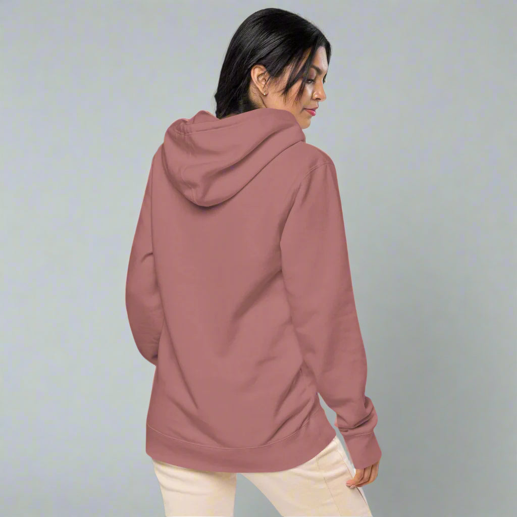 Back view of model in hoodie